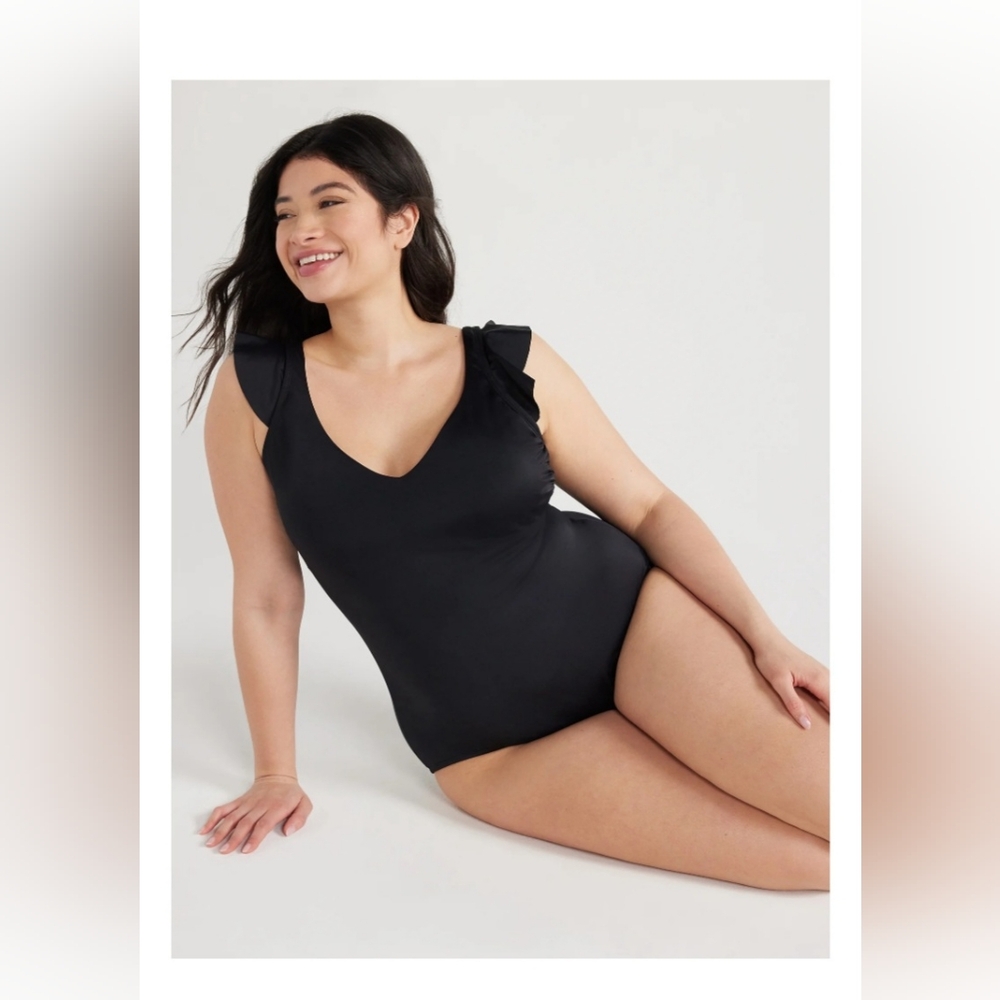 Time and Tru Women's and Women's Plus Solid Ruffle Sleeve One Piece Swimsuit